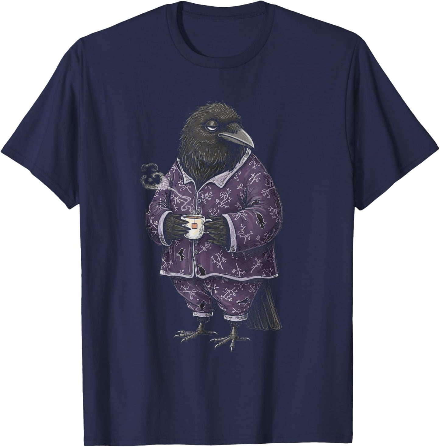Funny Sleepy Raven With Tea Lovers Humor Pajama T-Shirt - T-Shirt | Navy