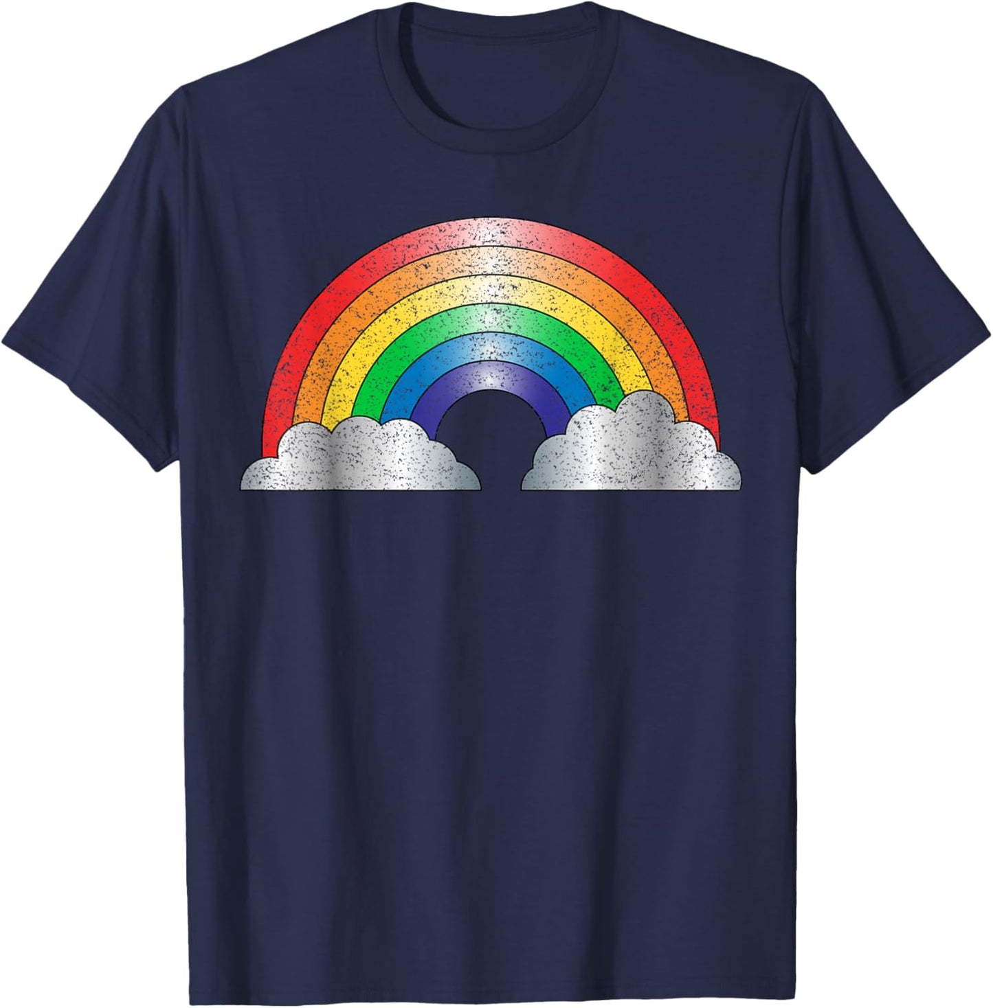Vintage Rainbow and Clouds , Distressed Design T-Shirt - T-Shirt | Navy