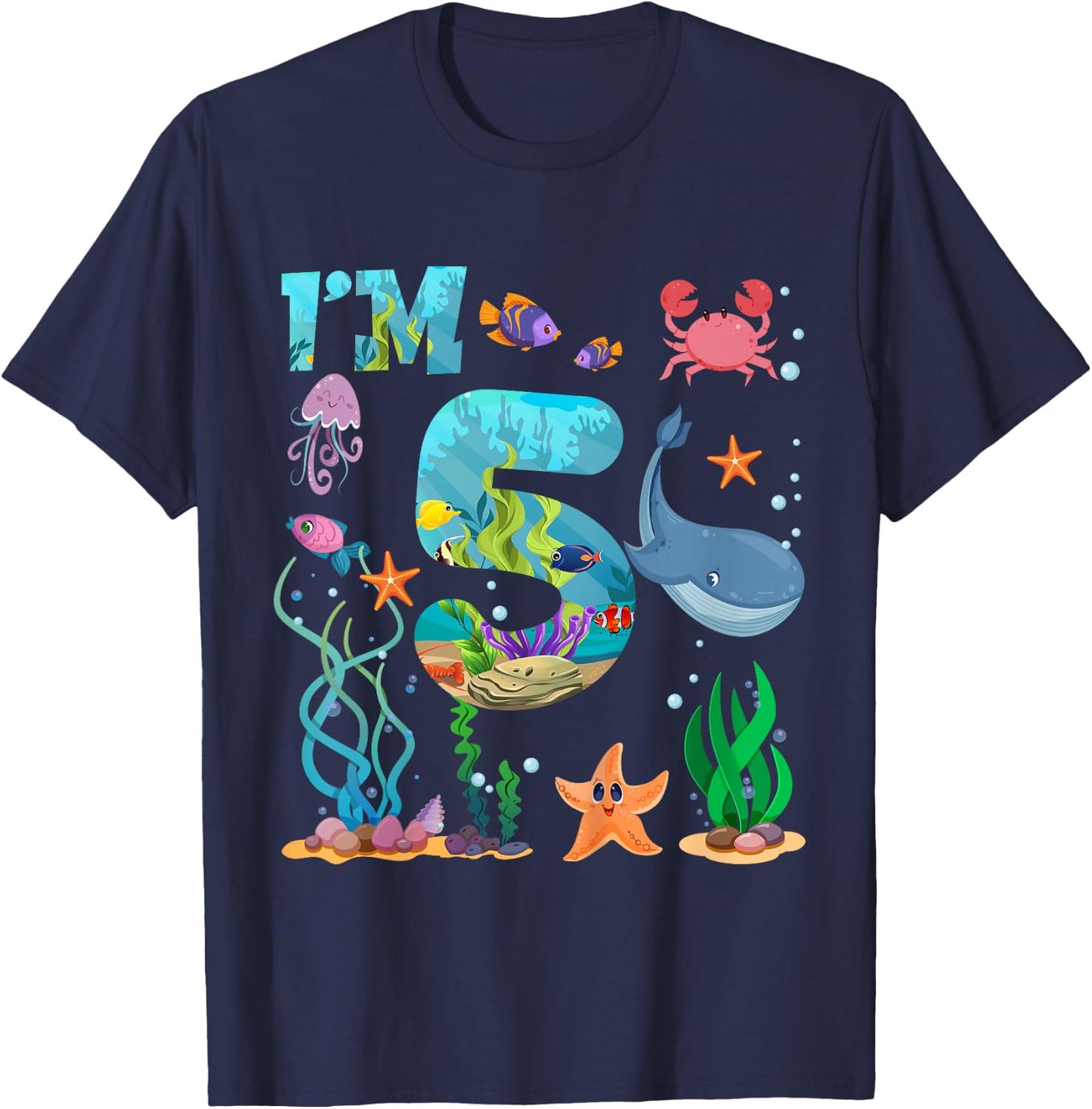 Kids 5 Year Old Boy Girl Sea Animals I'm Five 5th Birthday Kids T-Shirt - T-Shirt | Navy