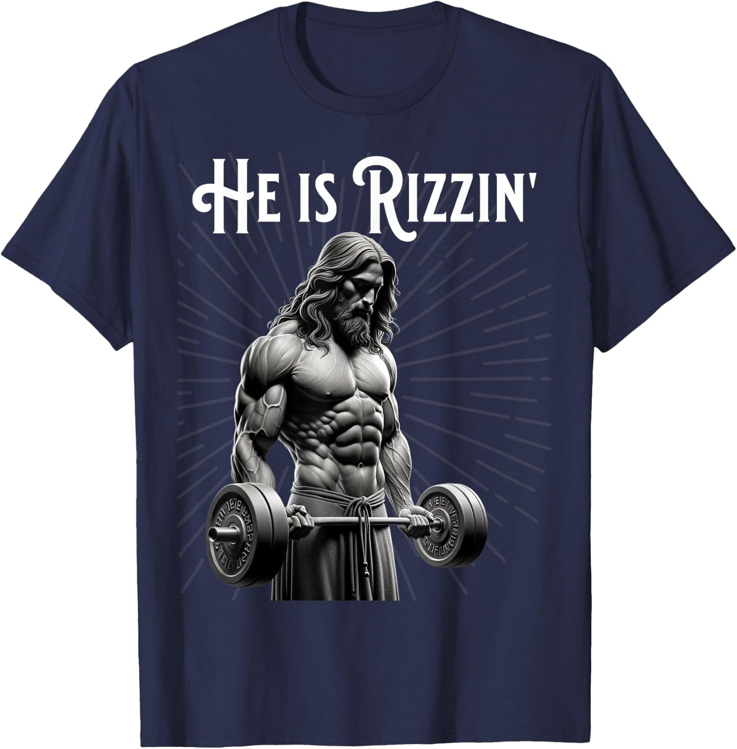 Gym Lifting Ripped Muscles He is Rizzin Jesus Weightlifting T-Shirt - T-Shirt | Navy