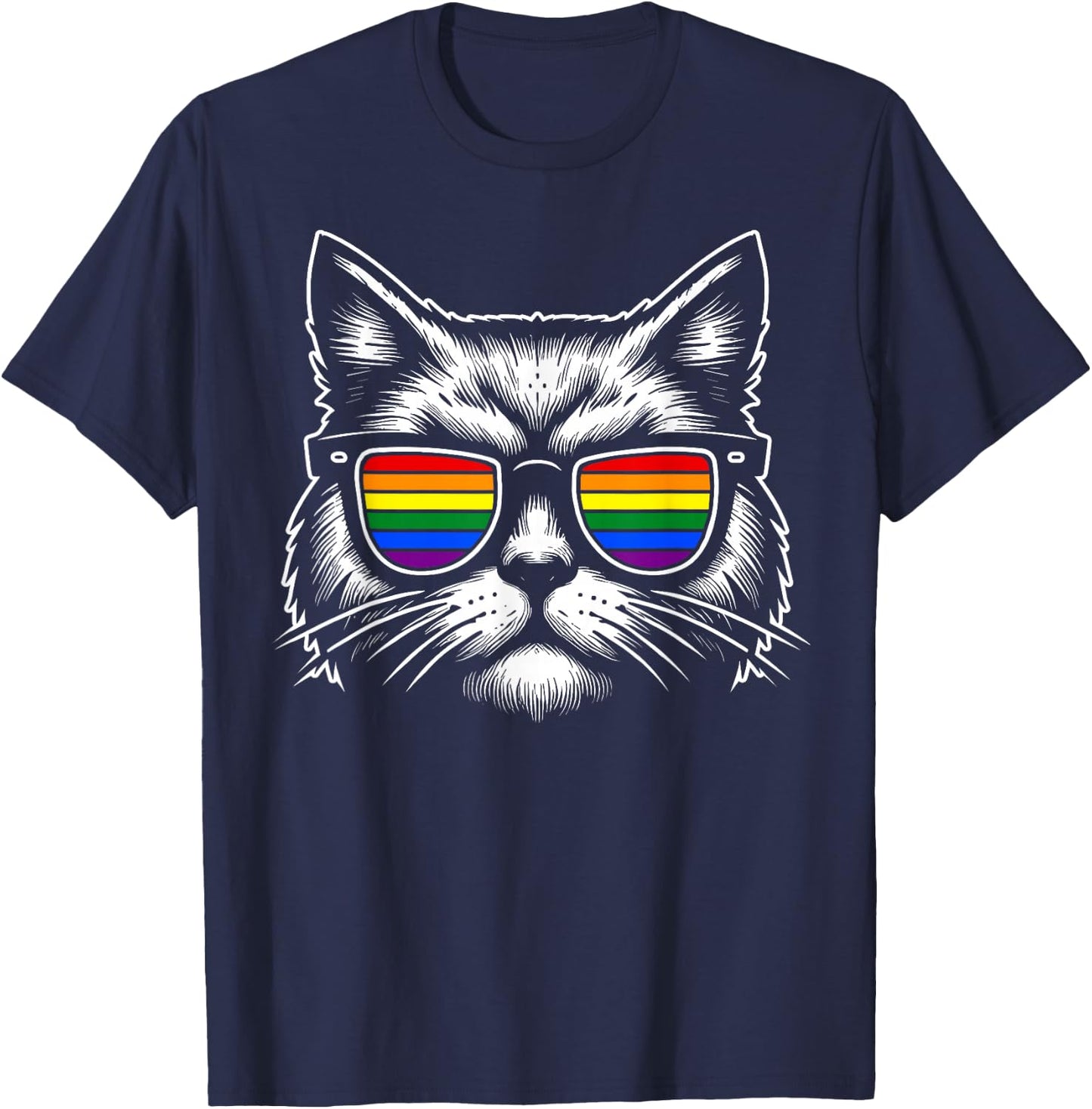 Rainbow Cat with Sunglasses and Pride Flag Gay Pride T-Shirt - T-Shirt | Navy