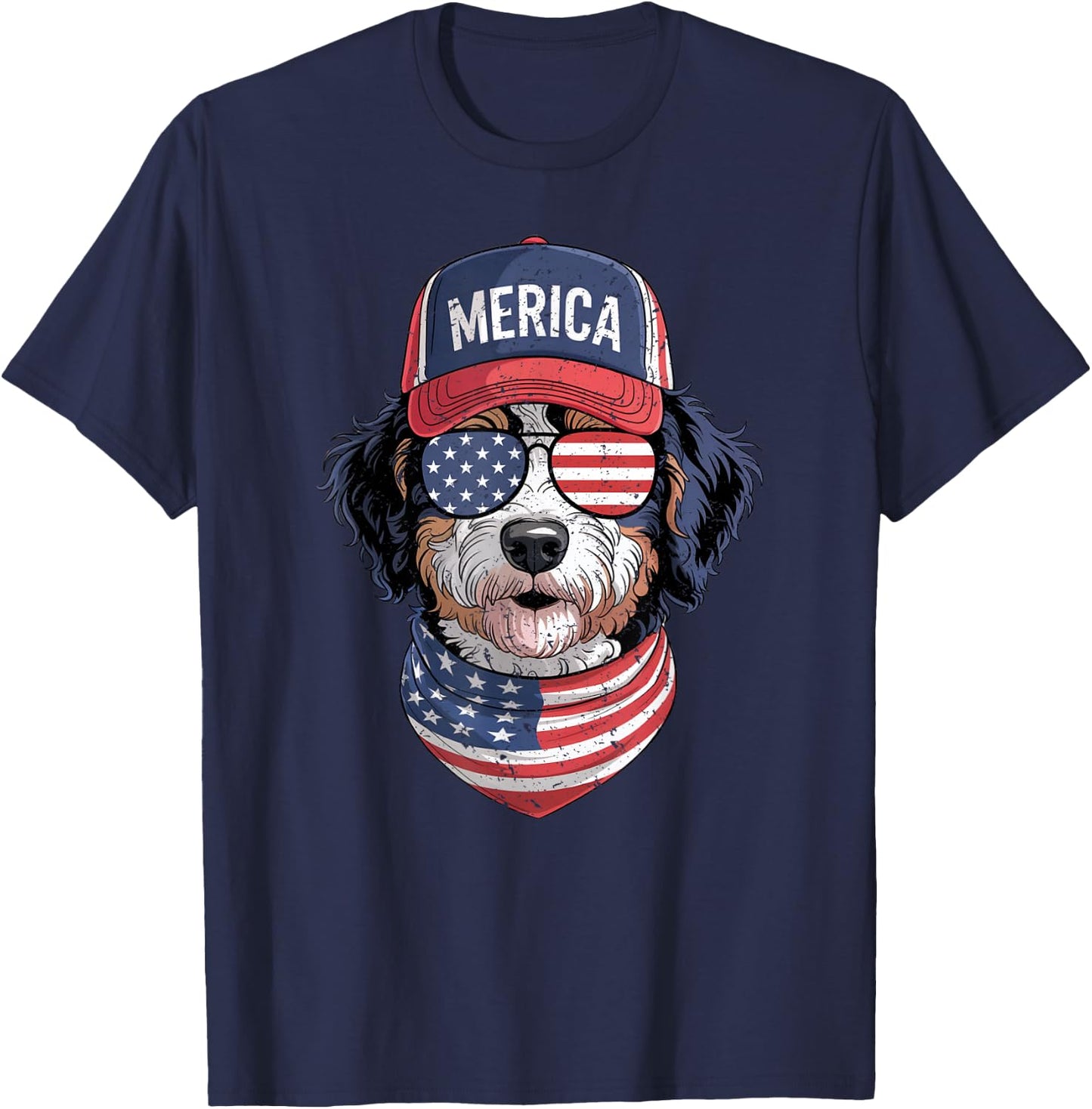 Bernedoodle 4th of July US American Flag Dog Patriotic T-Shirt - T-Shirt | Navy