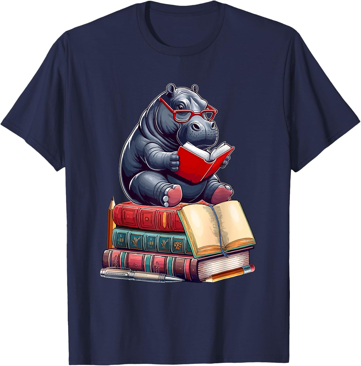 Hippo Reading Books Matching Bookworm Readers Librarian T-Shirt - T-Shirt | Navy
