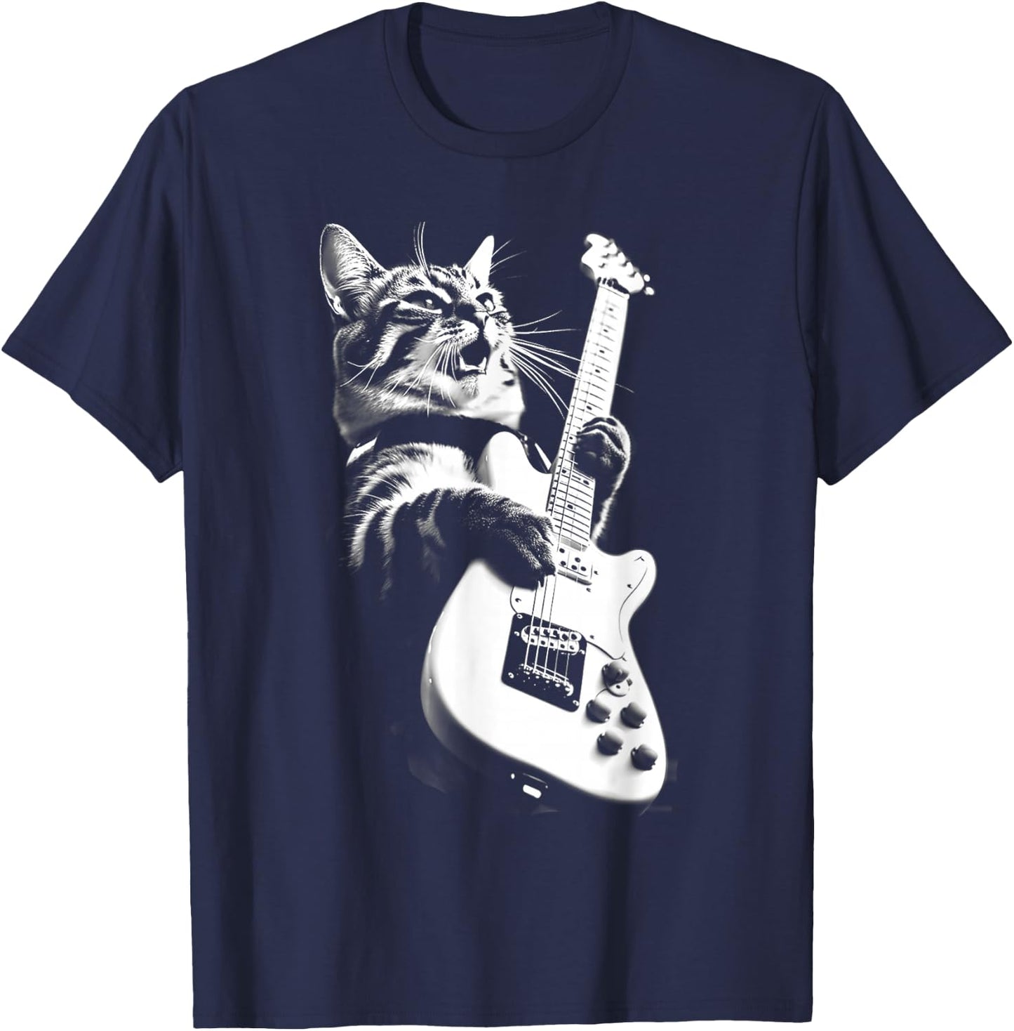 Rock Cat Playing Guitar - Funny Guitar Cat T-Shirt - T-Shirt | Navy