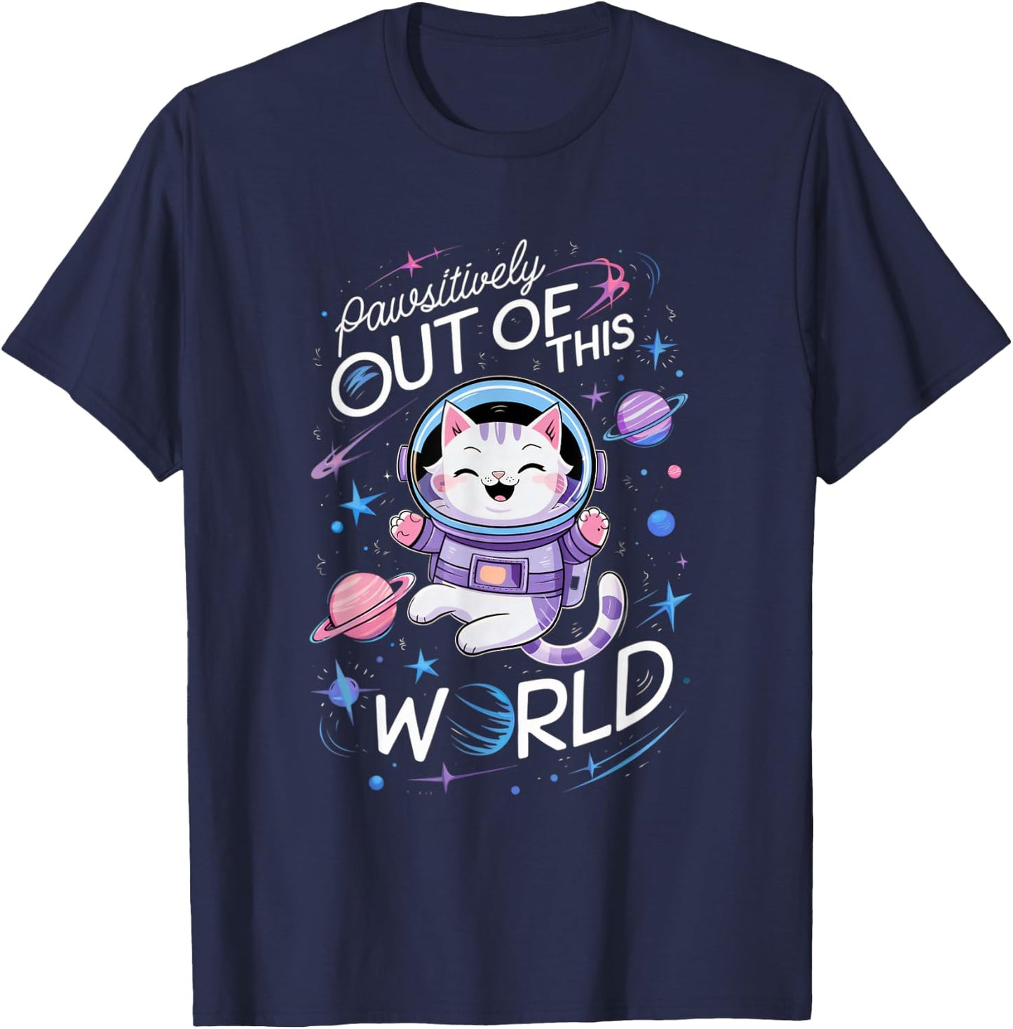PAWSITIVELY OUT OF THIS WORLD ASTRONAUT CAT | Cute Cat Pun Men Women Kids T-Shirt - T-Shirt | Navy