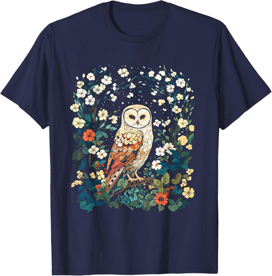 Cottagecore Floral Aesthetic Owl Women Girls T-Shirt - T-Shirt | Navy