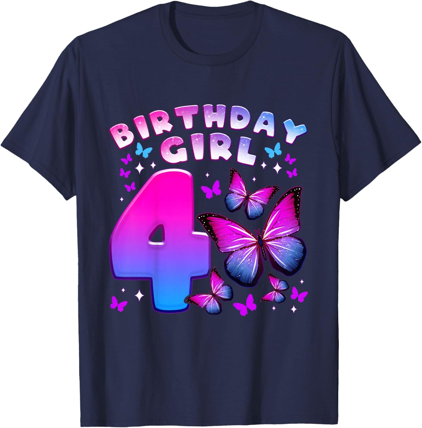 Birthday Girl 4 Years Old Butterfly Number 4 T-Shirt - T-Shirt | Navy