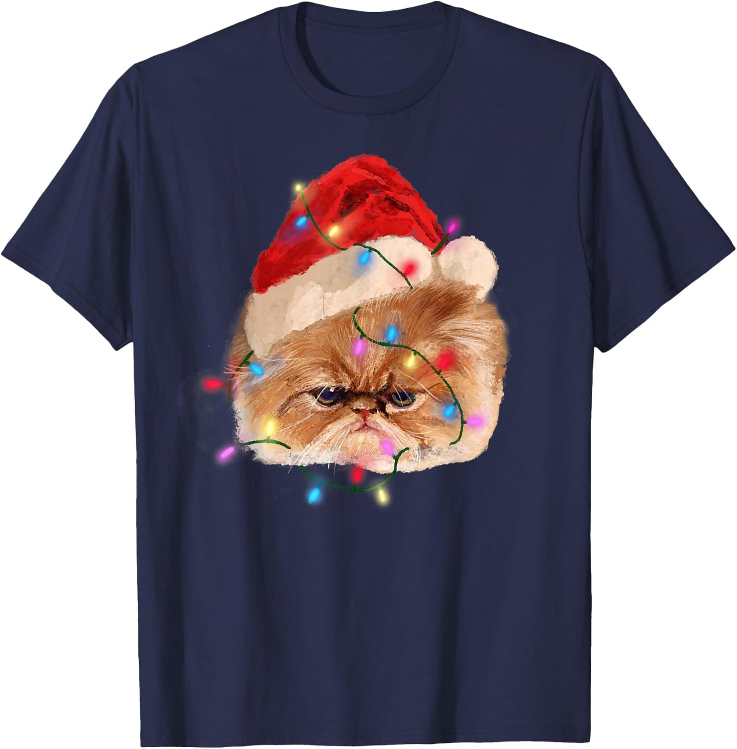 Funny Xmas Persian Cat Christmas Lights Adorable Face Fluffy T-Shirt - T-Shirt | Navy
