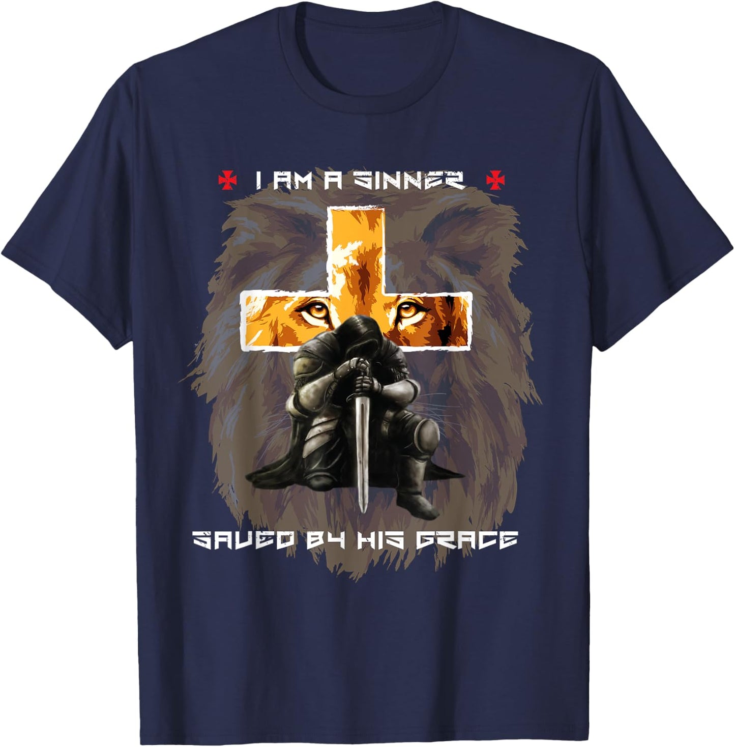 Sinner Saved By Gods Grace Christian Messages Lion Cross T-Shirt - T-Shirt | Navy