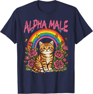 Cat Kitten Flowers Rainbow Alpha Male Funny Meme Women Men T-Shirt - T-Shirt | Navy