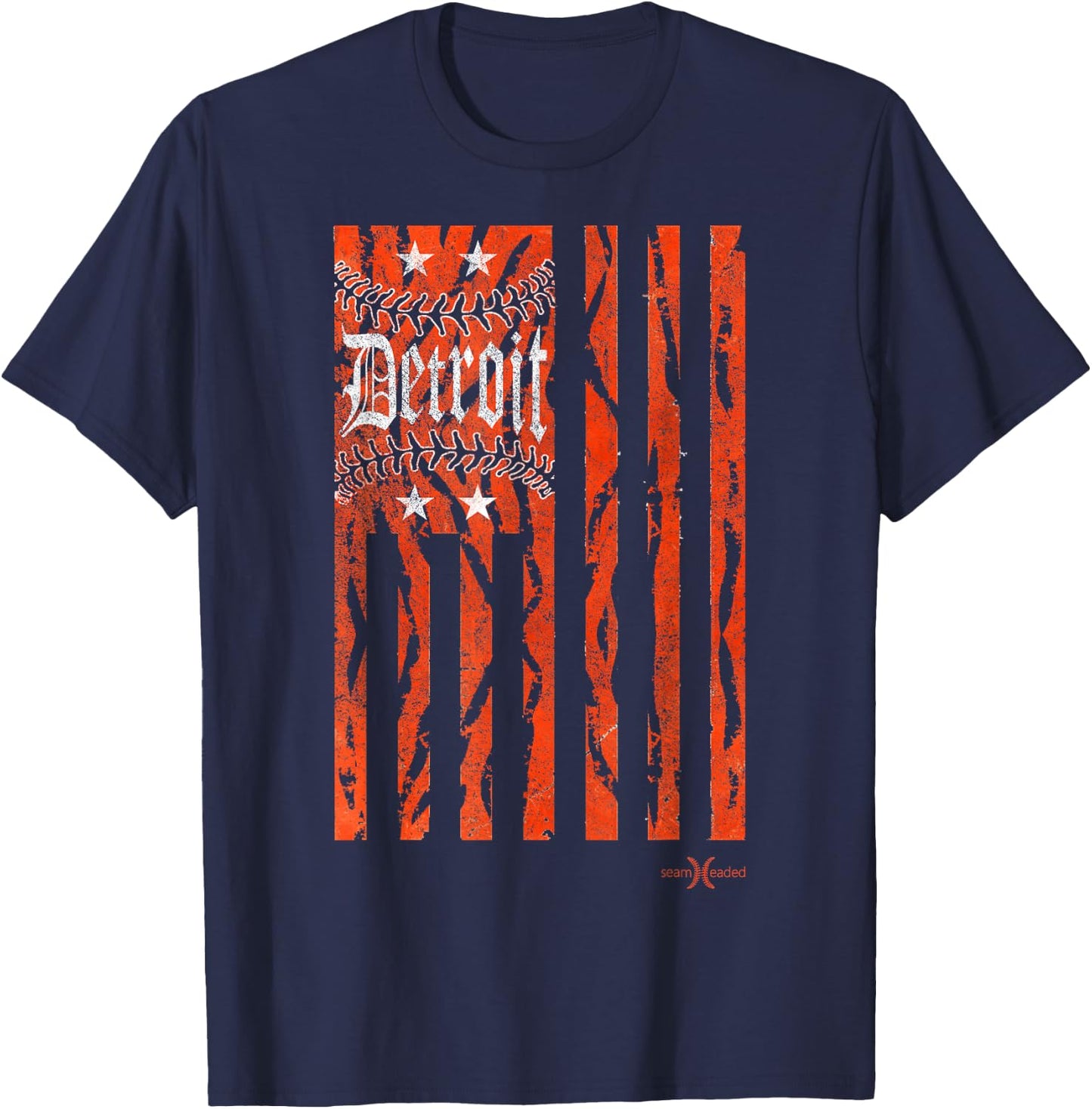 Vintage Detroit Baseball Flag with Tiger Stripes T-Shirt - T-Shirt | Navy