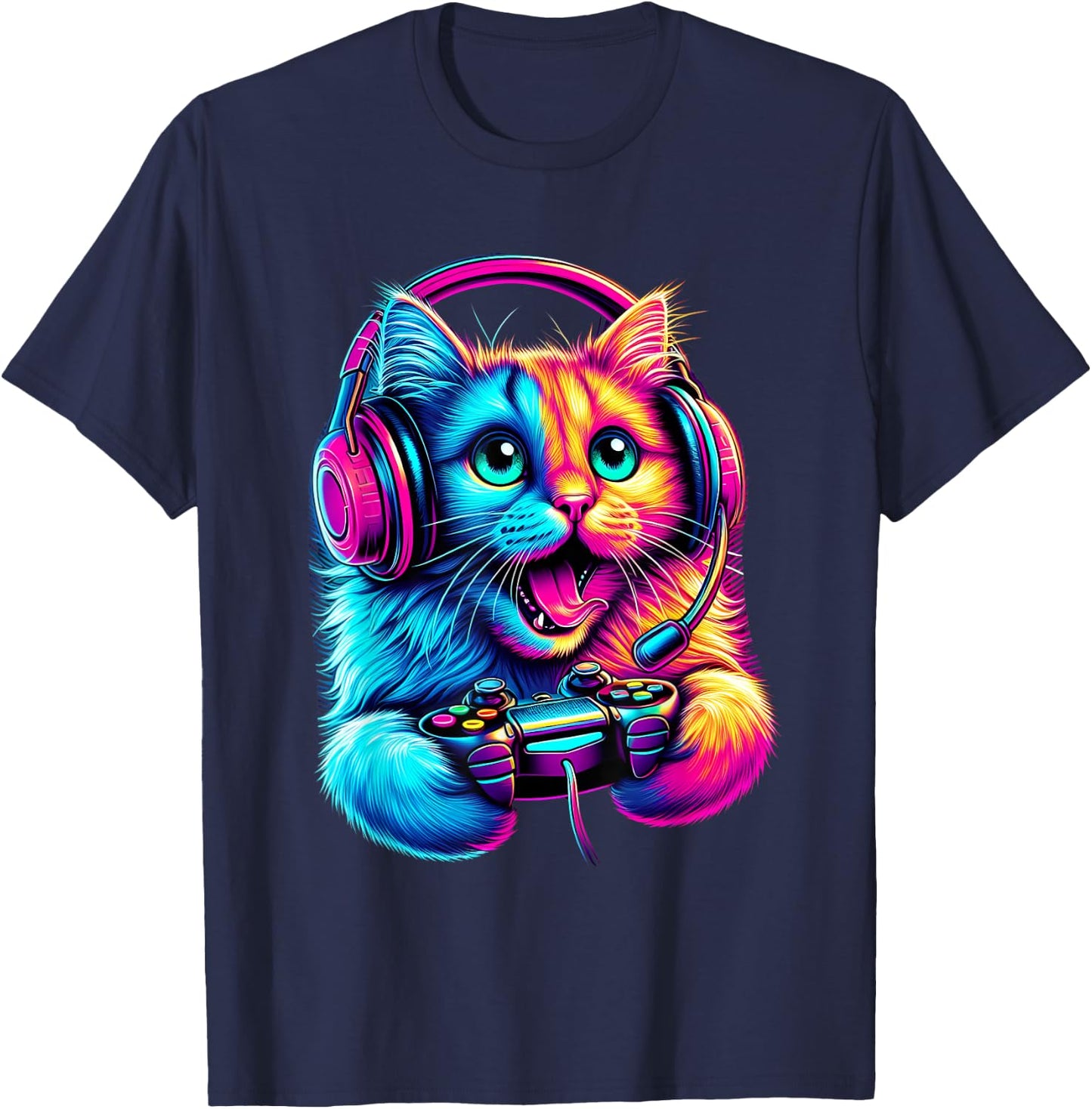 Cat Gaming Kitten Video Game Lover Nerd Gamer Kids T-Shirt - T-Shirt | Navy
