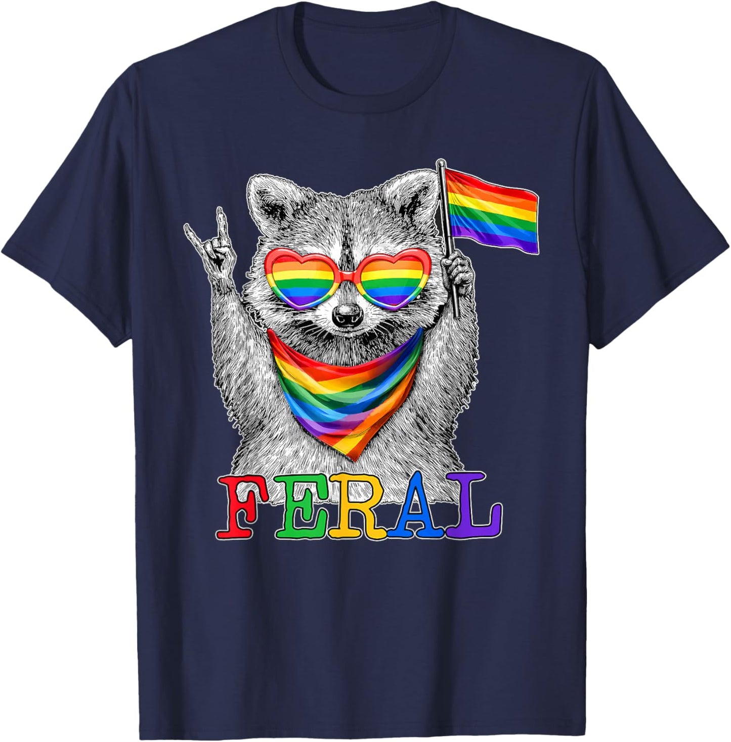 Pride LGBT Feral Raccoon Rainbow Flag Sunglasses Men Women T-Shirt - T-Shirt | Navy