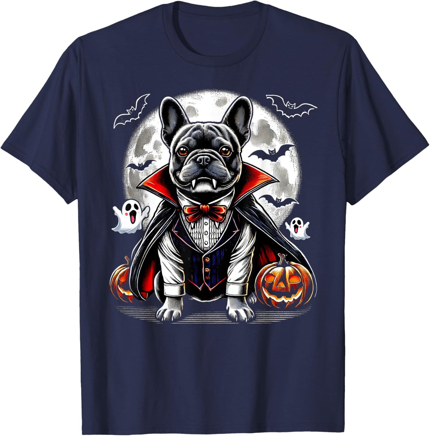 Spooky French Bulldog Halloween Vampire Pumpkin Ghosts Puppy Men Women Kids T-Shirt - T-Shirt | Navy