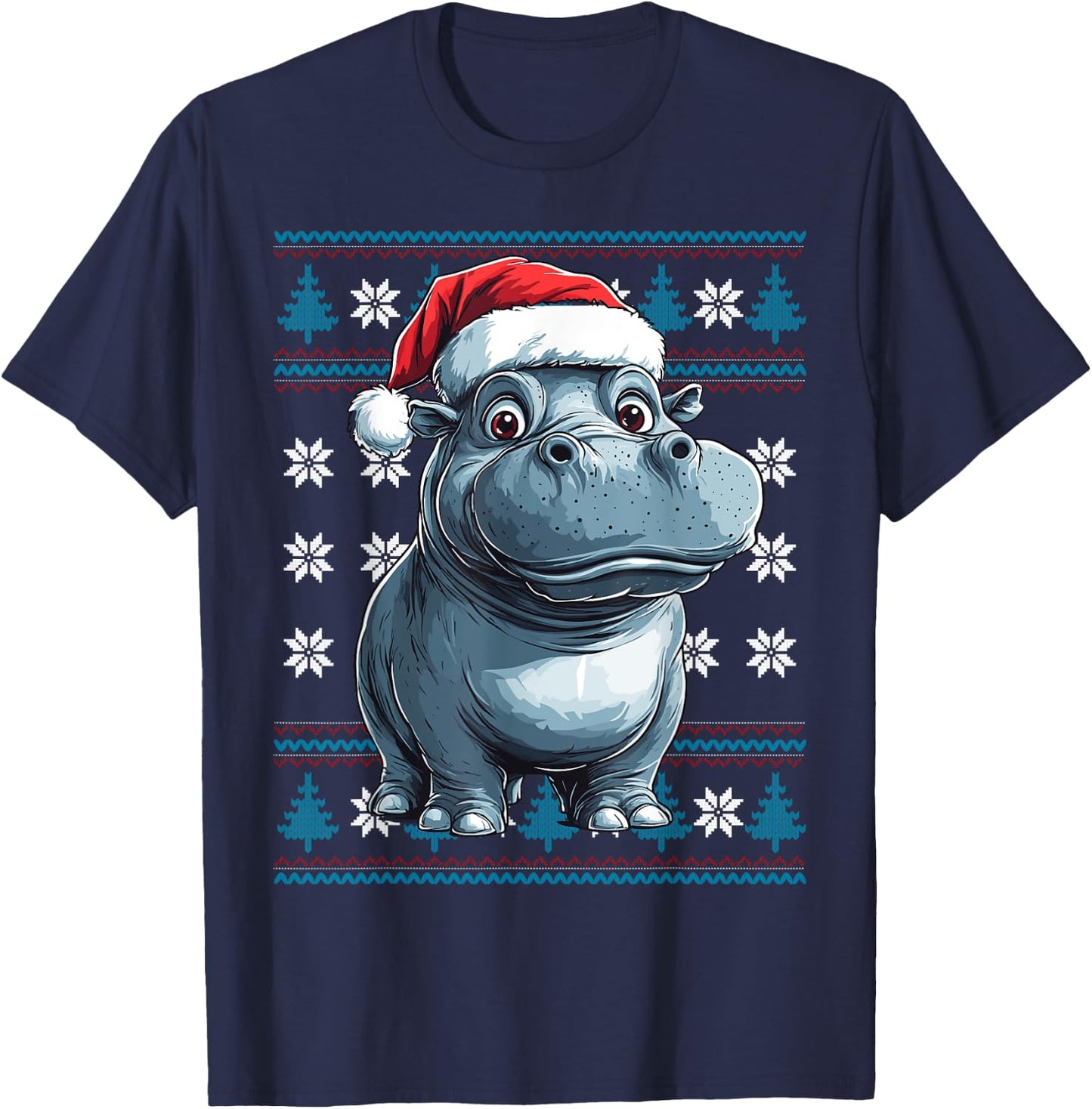 Hippo Santa Hat Ugly Christmas Sweater Hippo Lovers Holiday T-Shirt - T-Shirt | Navy