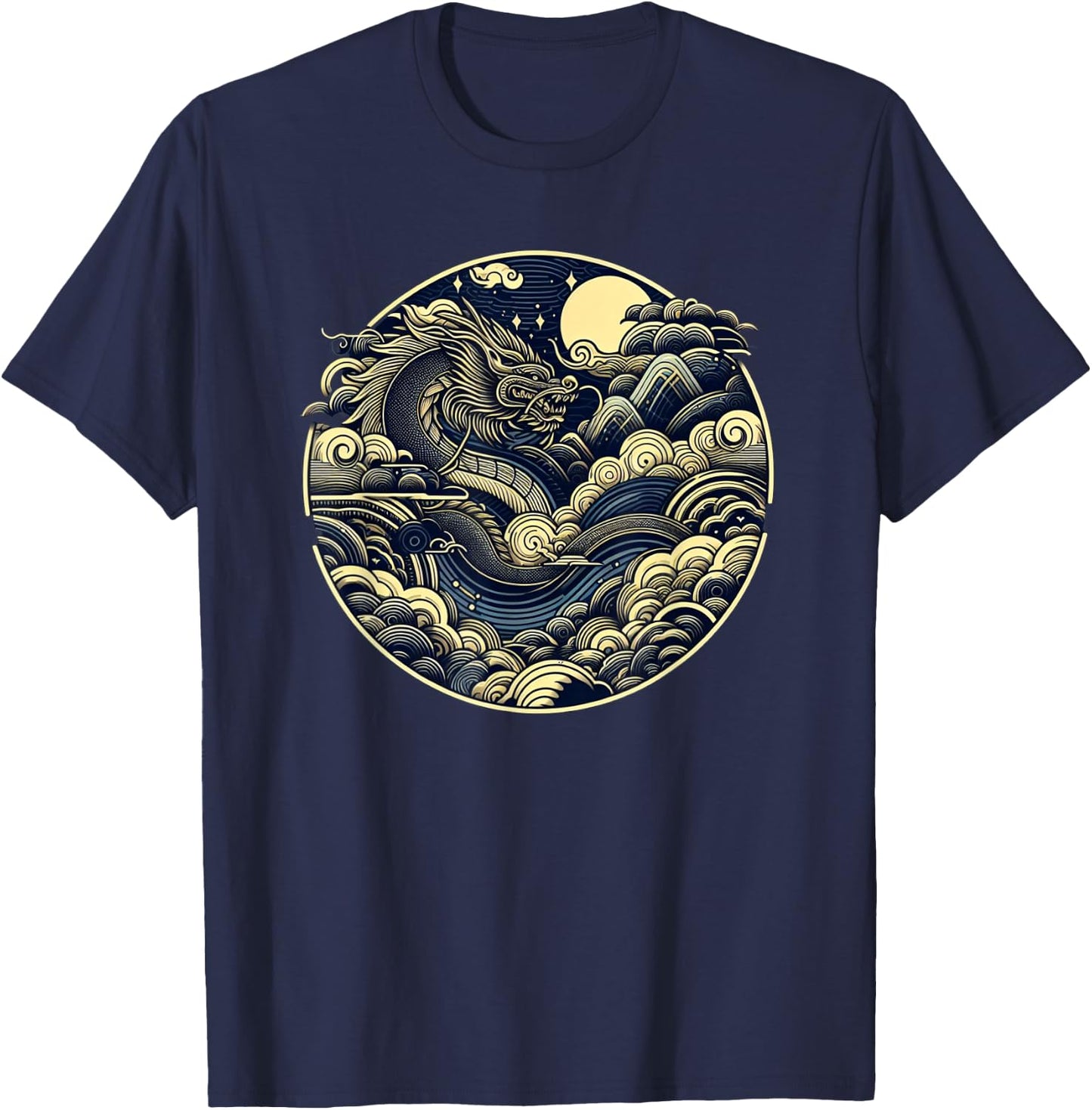 Japanese Dragon Moon Waves Ukiyo-e Style Circular Graphic T-Shirt - T-Shirt | Navy
