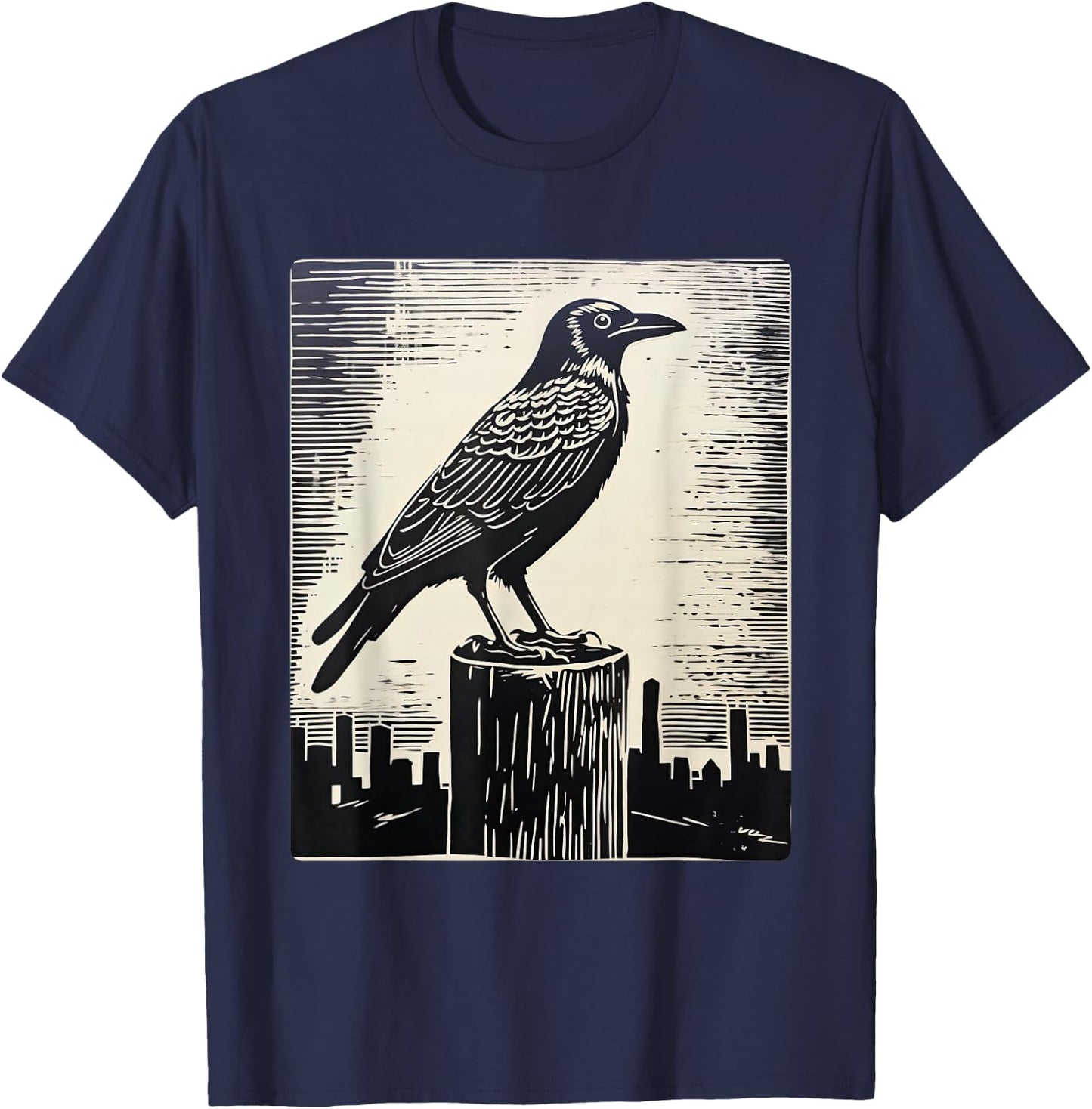 Crow in Linocut Raven Viking Crows Norse Mythology T-Shirt - T-Shirt | Navy
