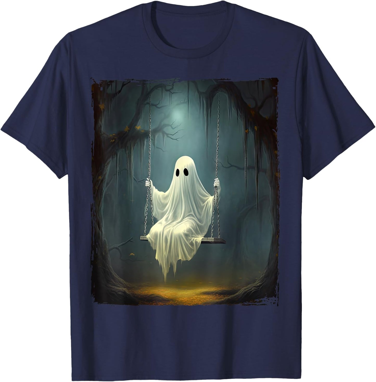 Vintage Floral Ghost On Swing In Forest Spooky Halloween T-Shirt - T-Shirt | Navy