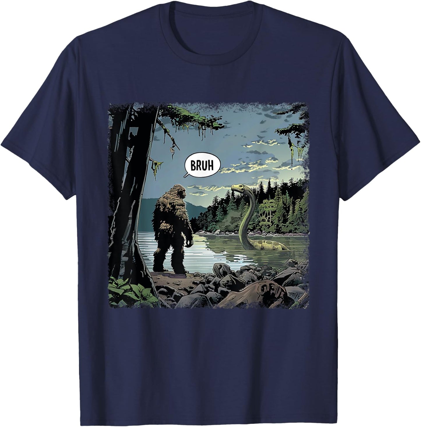 Classic Loch Ness Monster With Bigfoot Funny Animal Happily T-Shirt - T-Shirt | Navy