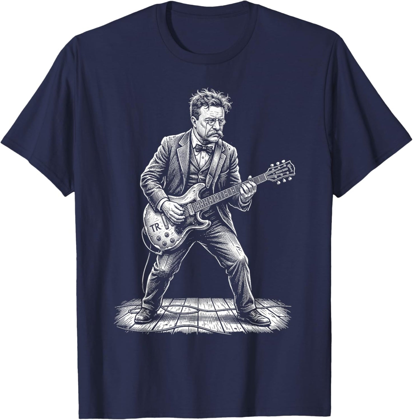 Theodore Roosevelt Rockstar President Electric Guitar Art T-Shirt - T-Shirt | Navy