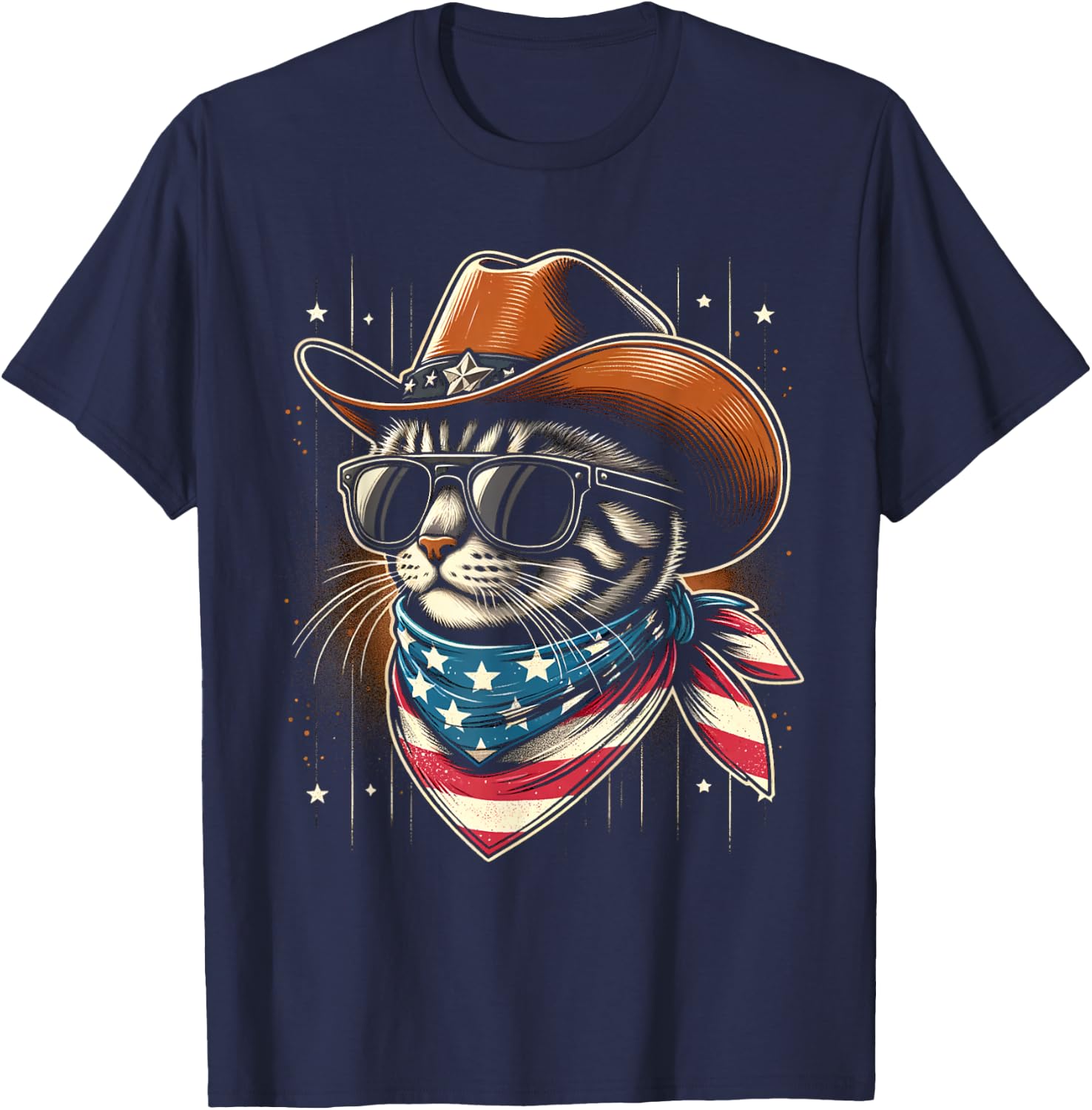 Funny Patriotic Cowboy Cat 4th of July Women Kids T-Shirt - T-Shirt | Navy