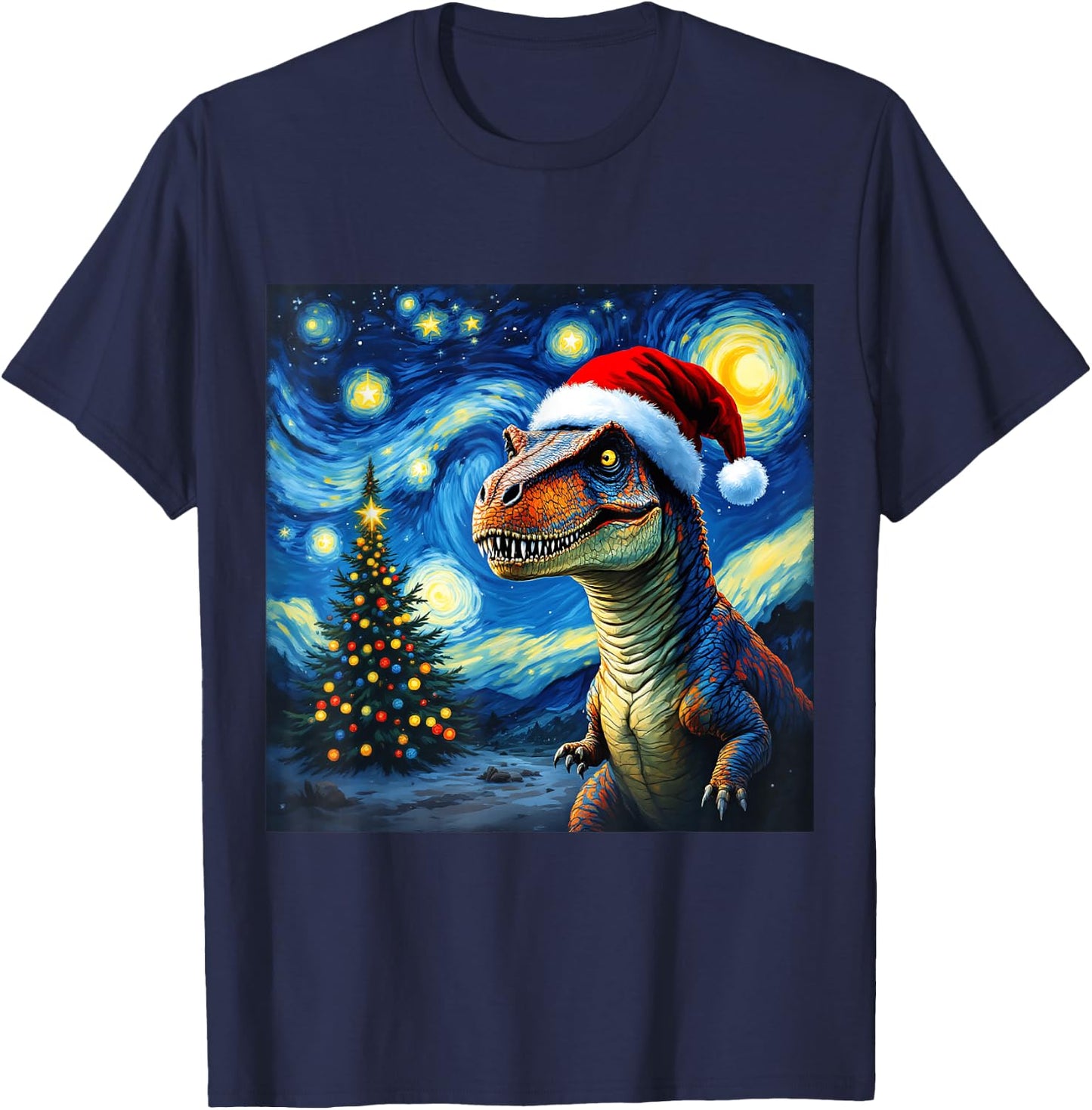 Christmas Dinosaur Santa Hat Van Gogh Starry Night Holiday T-Shirt - T-Shirt | Navy