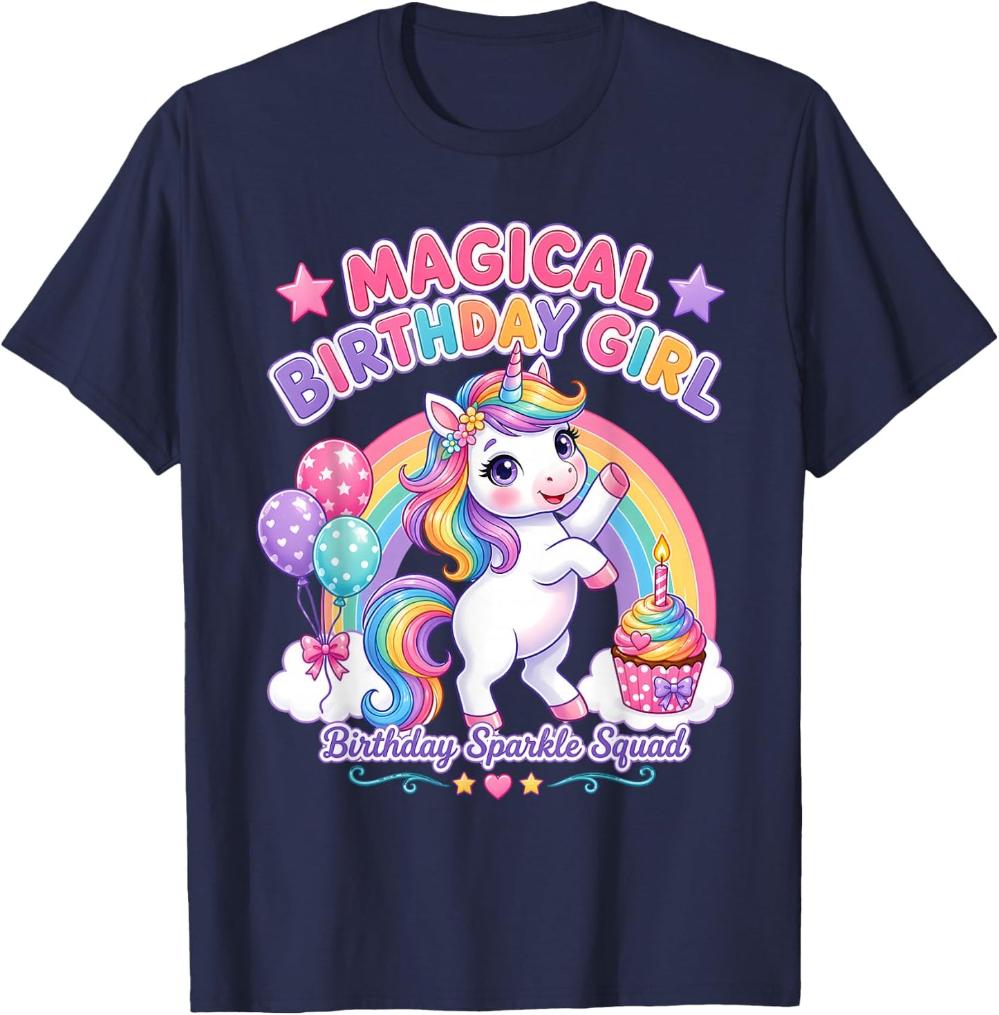 Rainbow Unicorn Birthday Girl Cupcake Party T-Shirt - T-Shirt | Navy