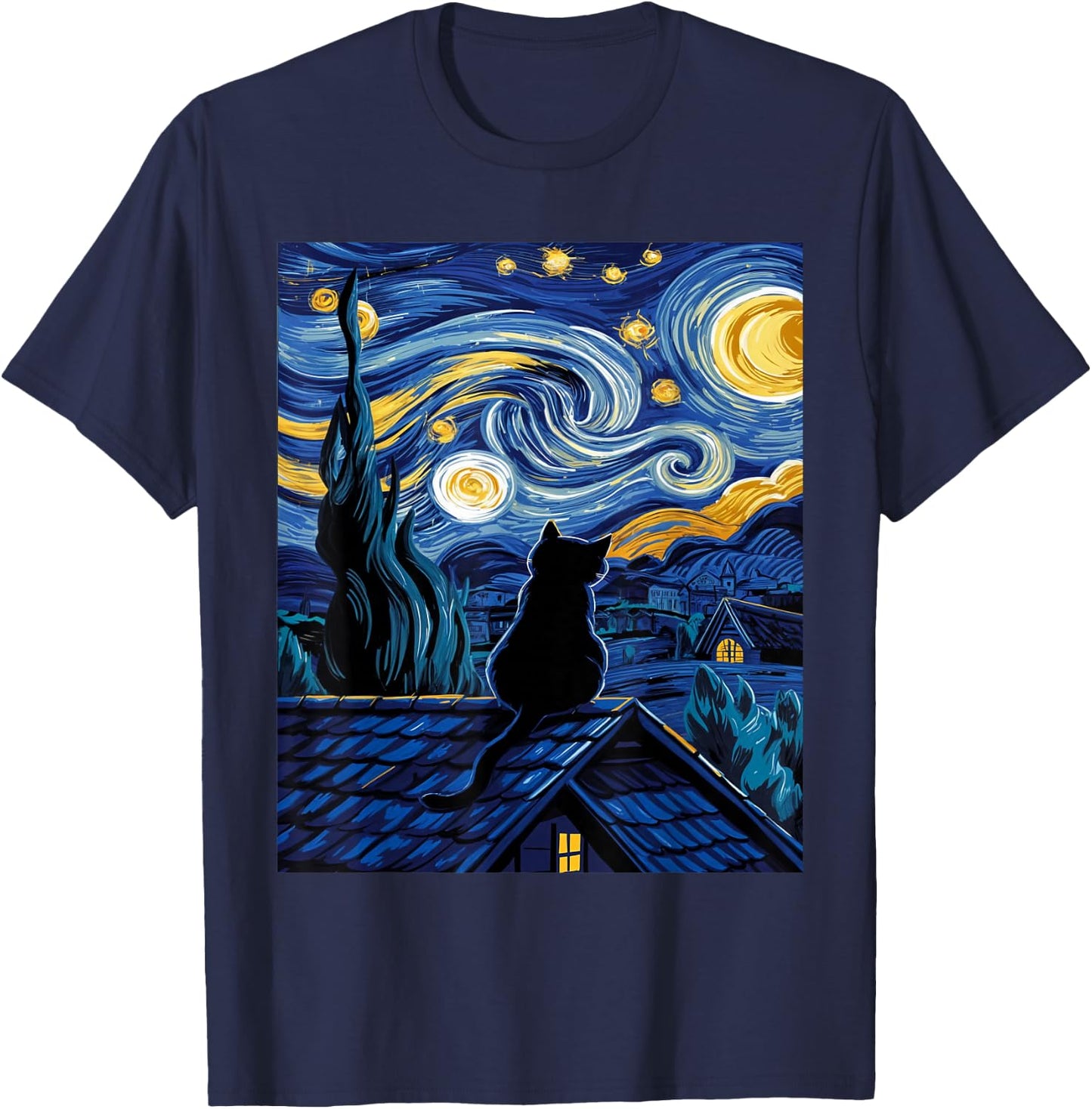 Cat Starry Night Van Gogh Cat Art Lover Funny Cat T-Shirt - T-Shirt | Navy