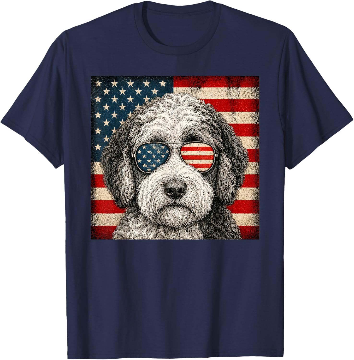 Sheepadoodle 4th of July US American Flag Dog Patriotic T-Shirt - T-Shirt | Navy