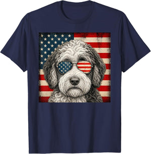 Sheepadoodle 4th of July US American Flag Dog Patriotic T-Shirt - T-Shirt | Navy