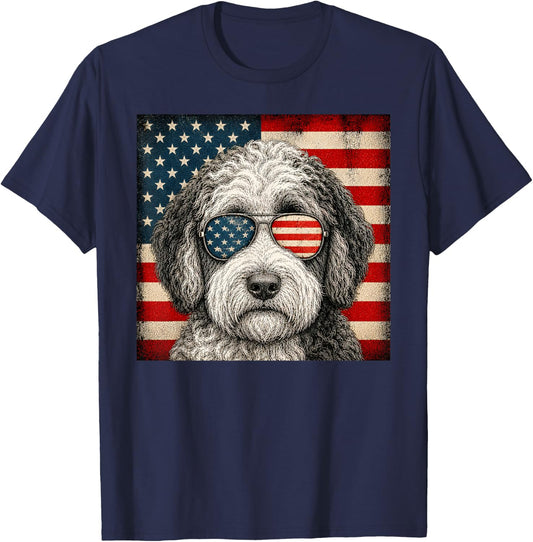 Sheepadoodle 4th of July US American Flag Dog Patriotic T-Shirt - T-Shirt | Navy