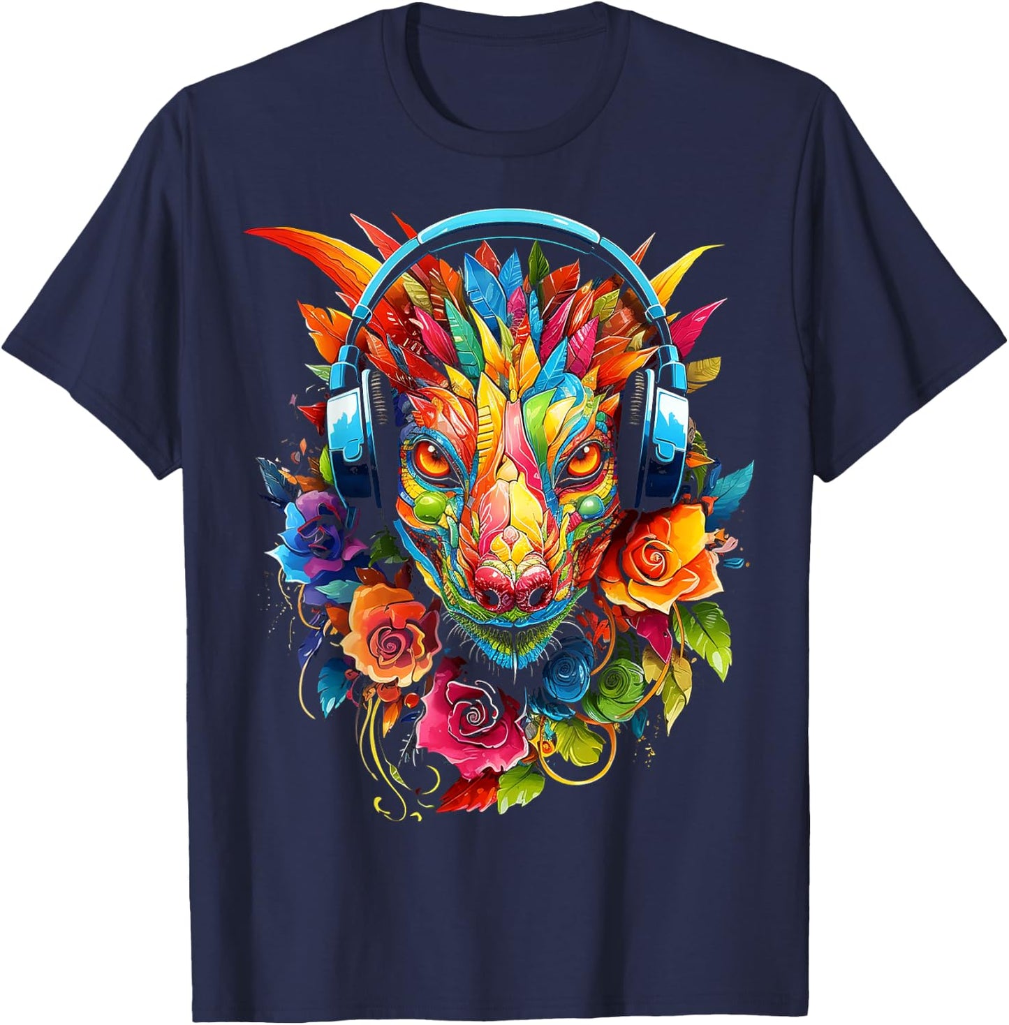 Dragon Headphones Art Colorful Flowers Graphic Anime T-Shirt - T-Shirt | Navy