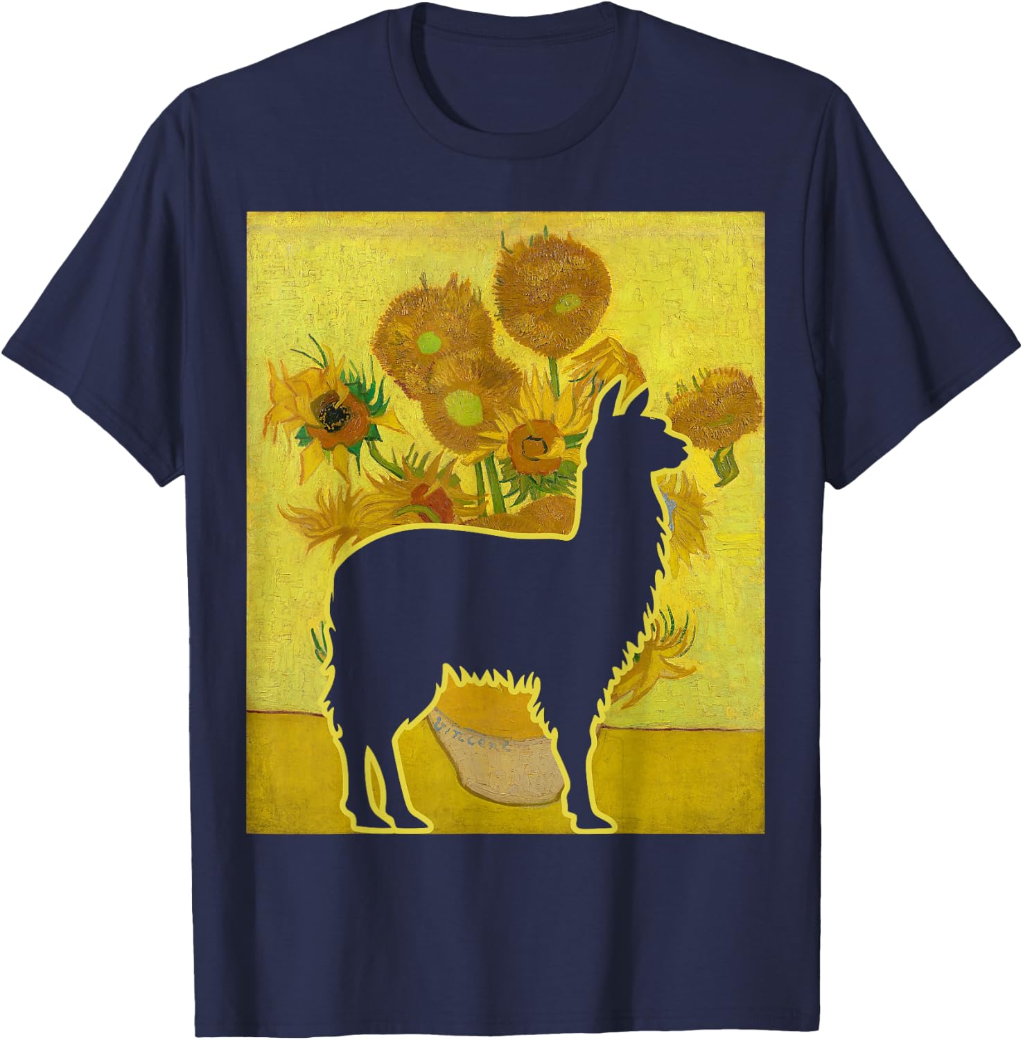 Llama Sunflowers Alpaca Van Gogh Llama Painting T-Shirt - T-Shirt | Navy