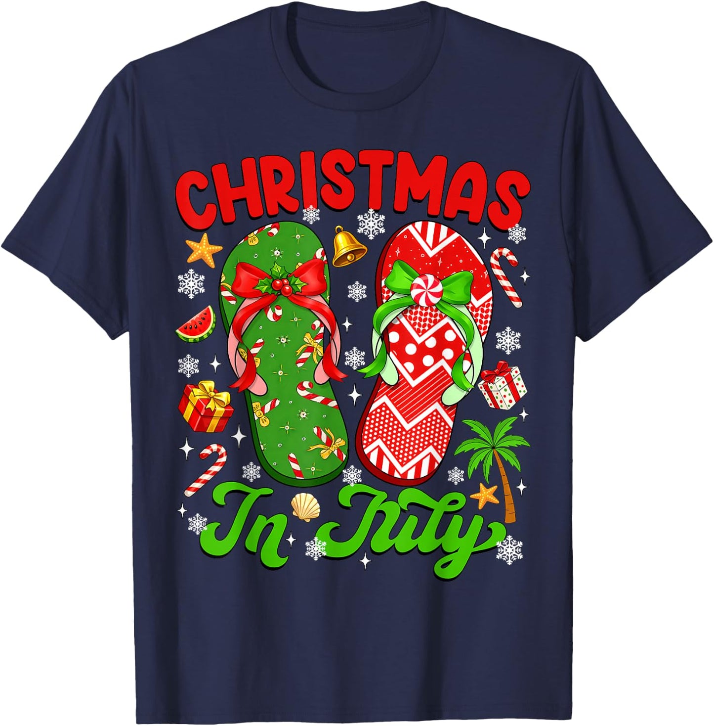 Christmas in July Flip Flops Xmas Summer Beach Vacation Kid T-Shirt - T-Shirt | Navy