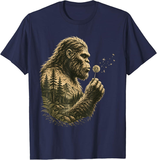 Bigfoot Blowing Dandelion Vintage Sasquatch Nature Men Women T-Shirt - T-Shirt | Navy