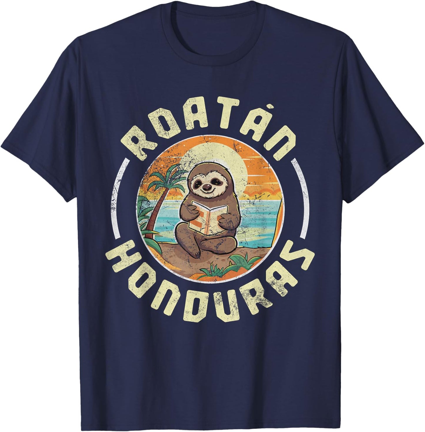 Roatan Honduras Vacation Sloth Beach Summer Distressed T-Shirt - T-Shirt | Navy