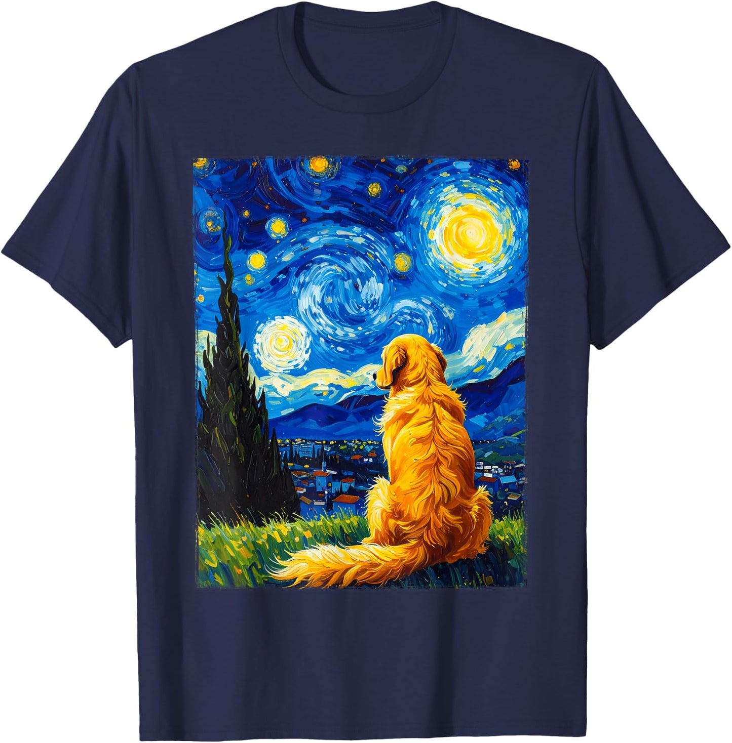 Van Gogh Starry Night Painting Golden Retriever Dog T-Shirt - T-Shirt | Navy