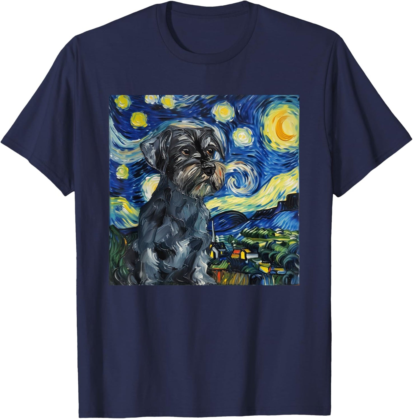 Miniature Schnauzer Dog Van Gogh Style Starry Night T-Shirt - T-Shirt | Navy