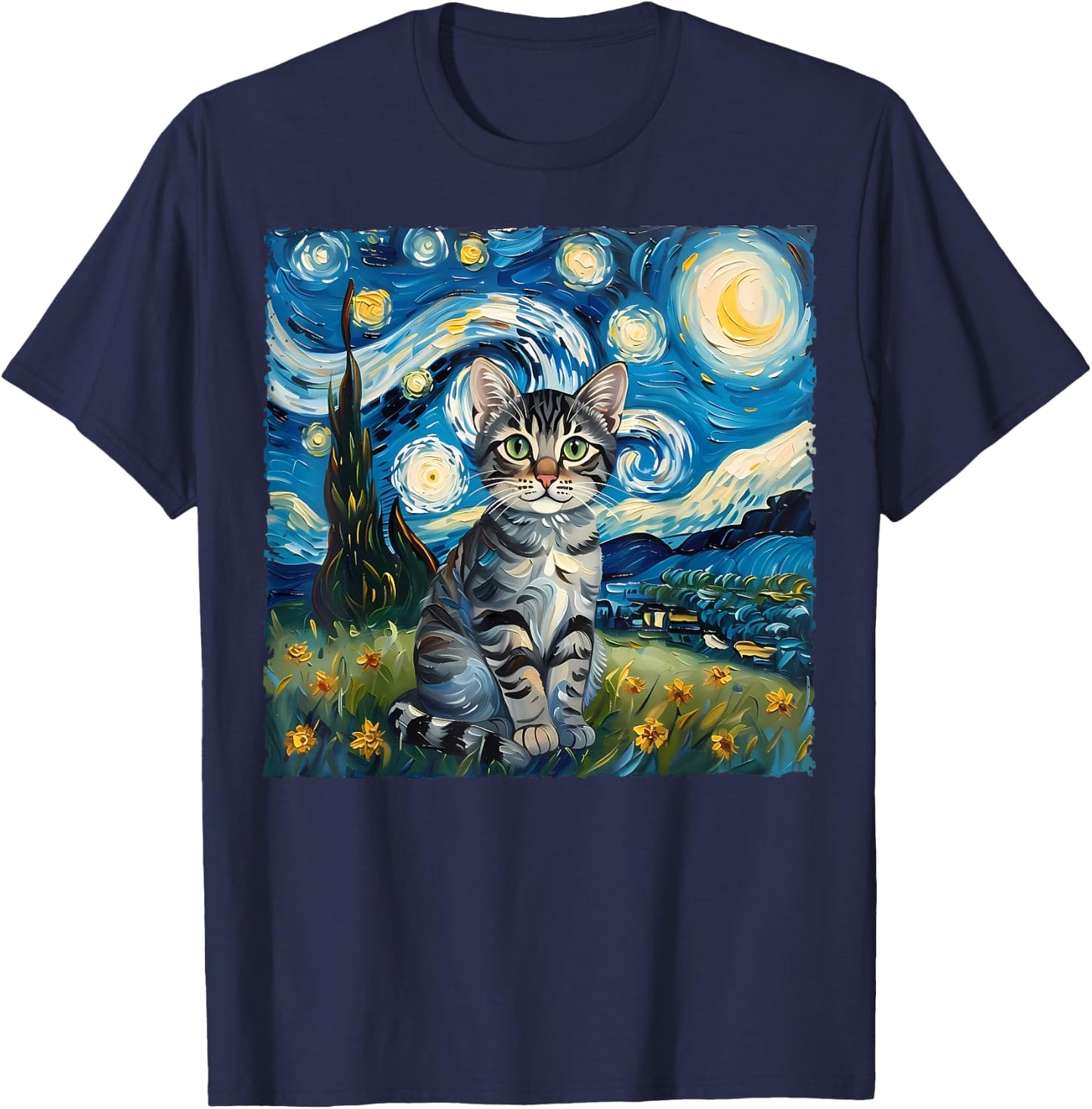 Van Gogh Style Funny Gray Tabby Tiger Cat Lover Starry Night T-Shirt - T-Shirt | Navy