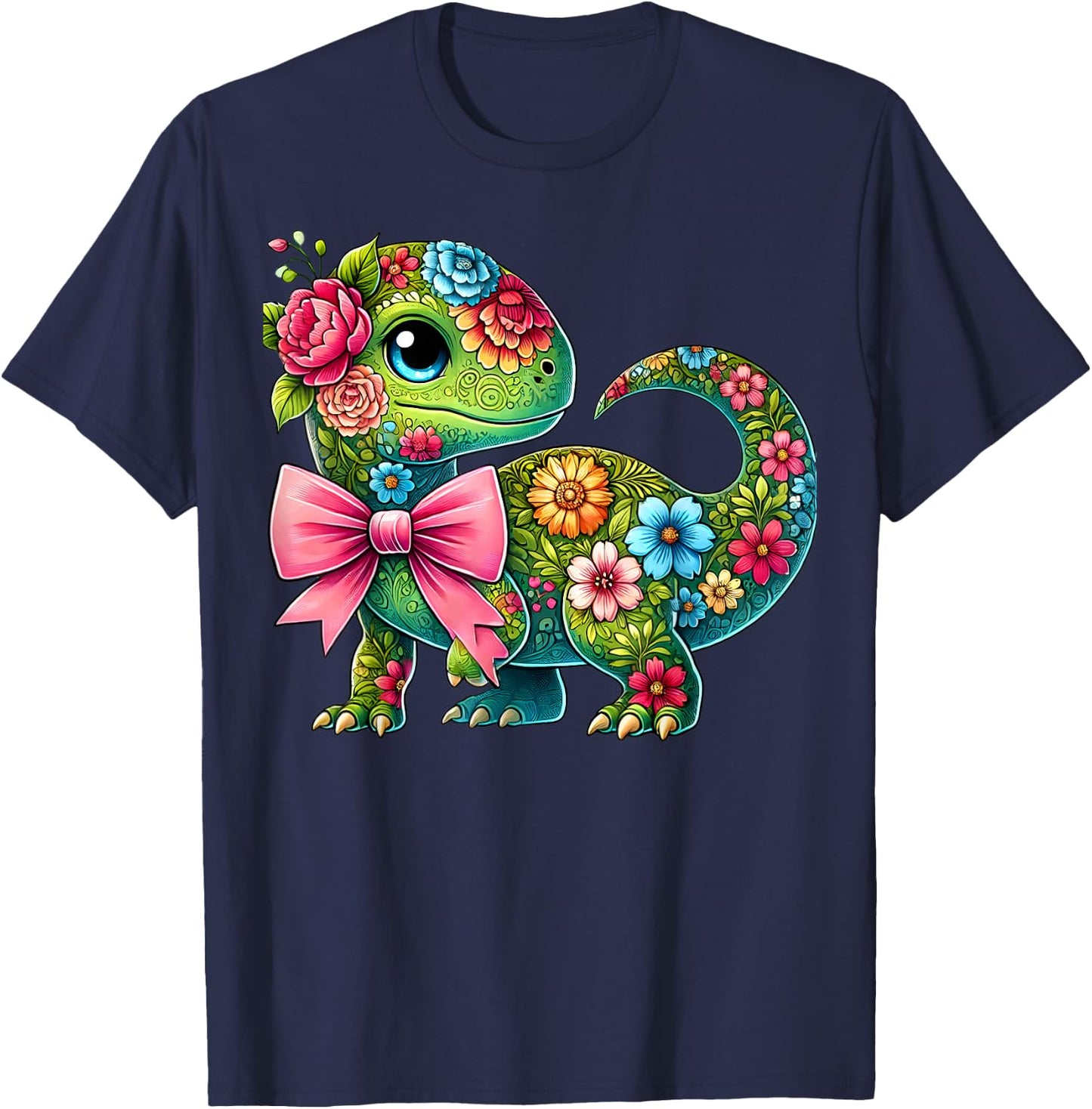Floral Dinosaur Flower Cute Coquette Bow Graphic Women Girls T-Shirt - T-Shirt | Navy