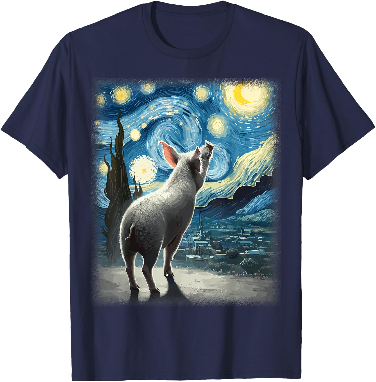 Pig Star Gazer - Artistic Van Gogh Style Starry Night Pig T-Shirt - T-Shirt | Navy