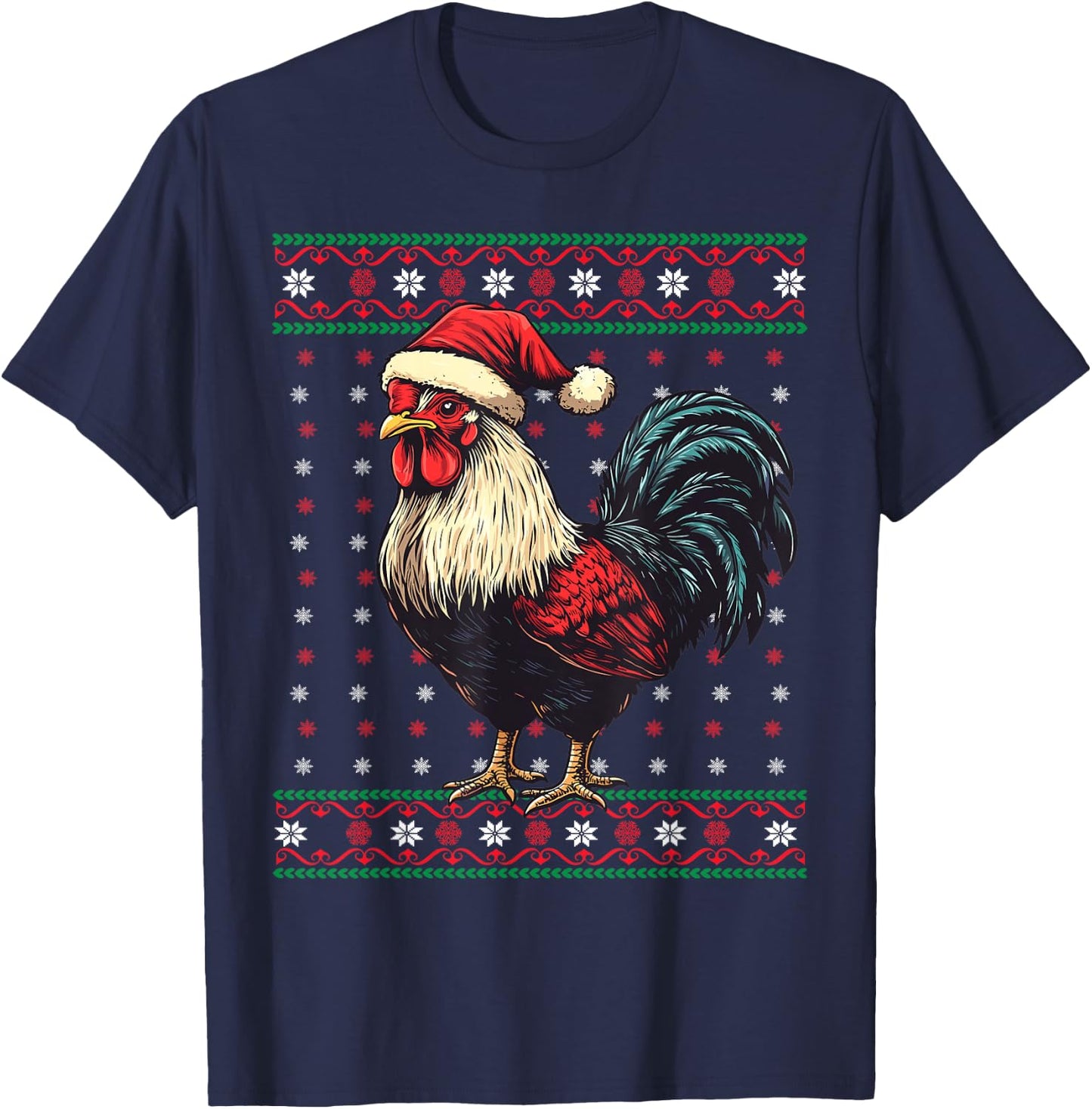 Ugly Christmas Sweater Rooster Santa Hat Funny Holiday T-Shirt - T-Shirt | Navy