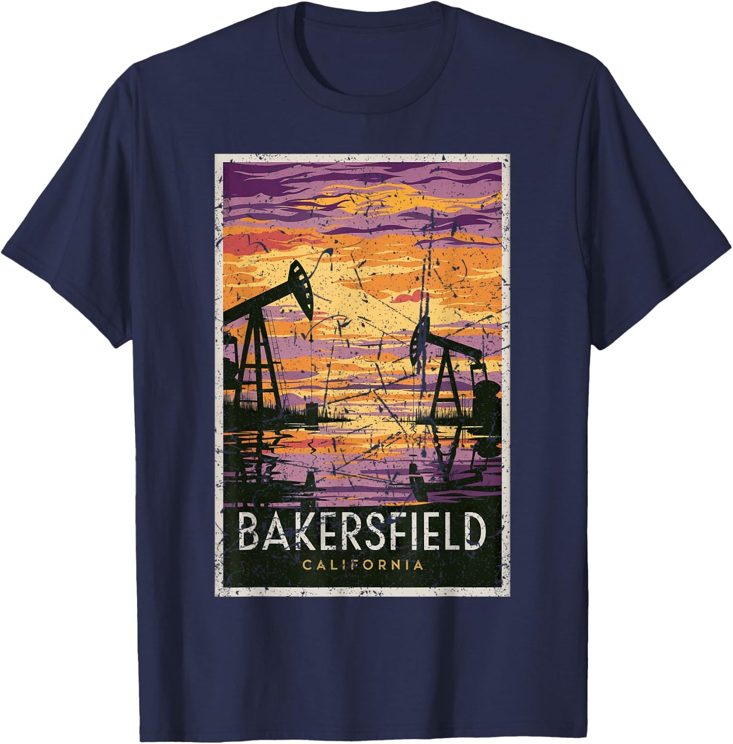 Bakersfield Sunset Oil Fields Retro Travel Art Print T-Shirt - T-Shirt | Navy