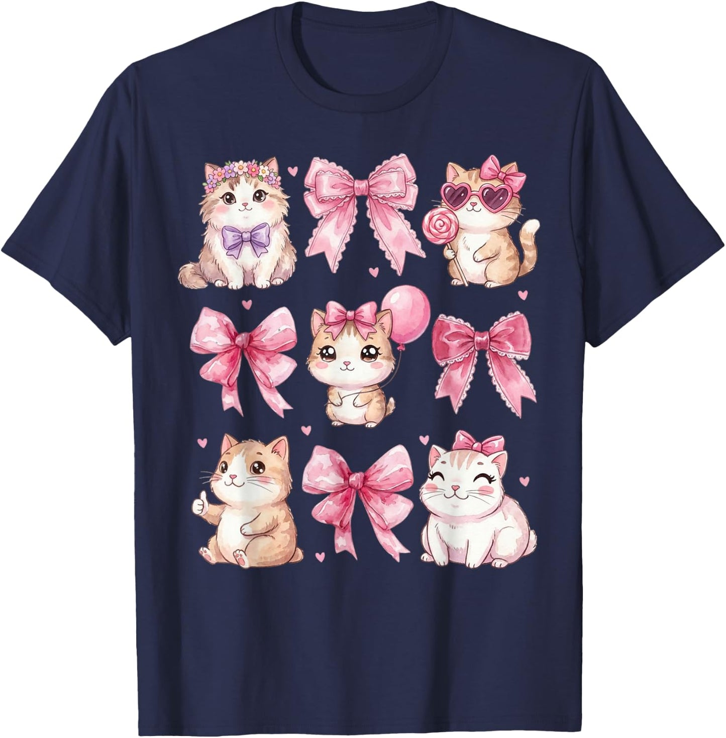 Cute Kitty Ribbon Coquette Bow Aesthetic Cat Lover T-Shirt - T-Shirt | Navy