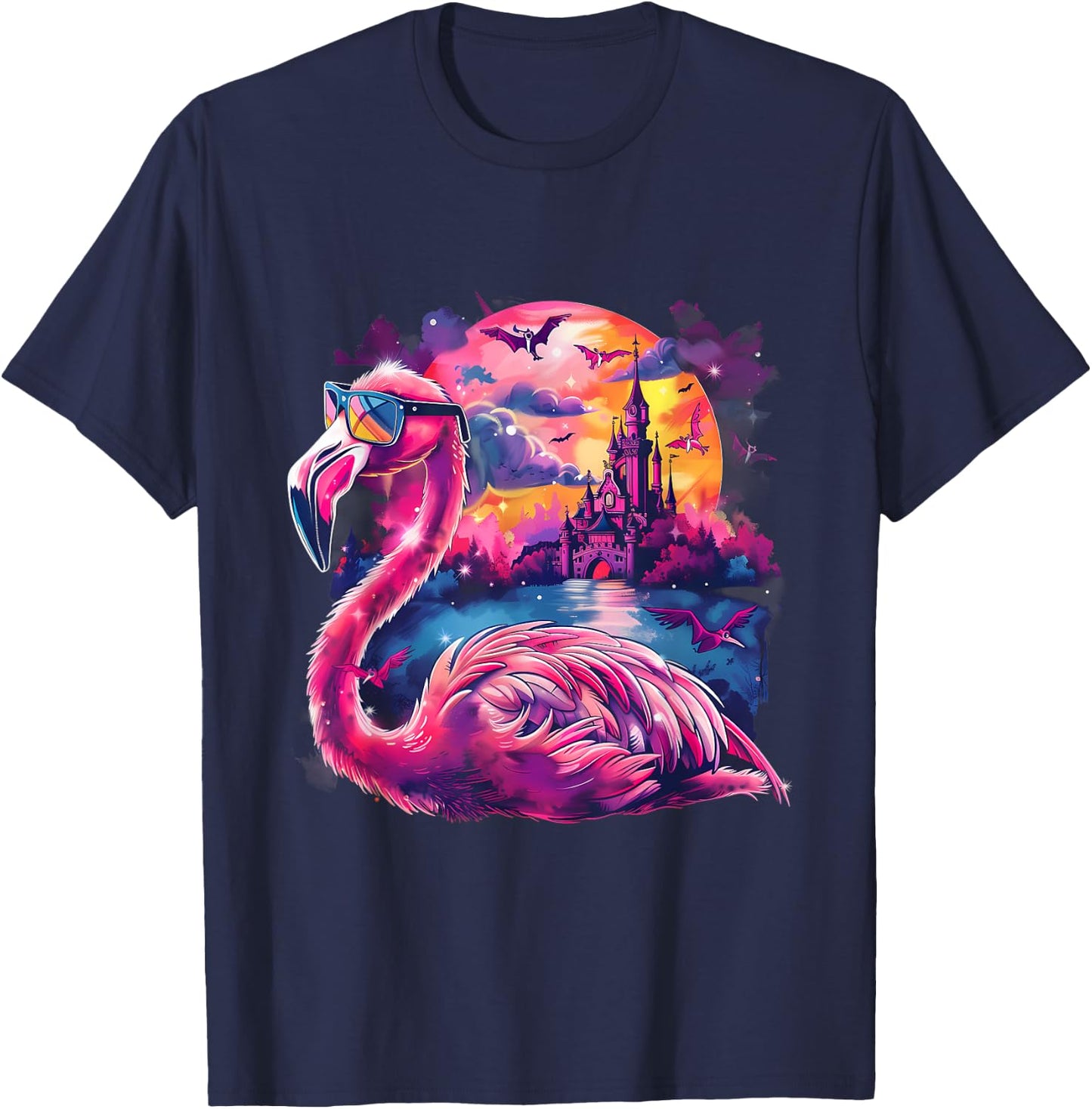 Halloween Flamingo Bats Haunted Castle Trick Or Treat Moon T-Shirt - T-Shirt | Navy