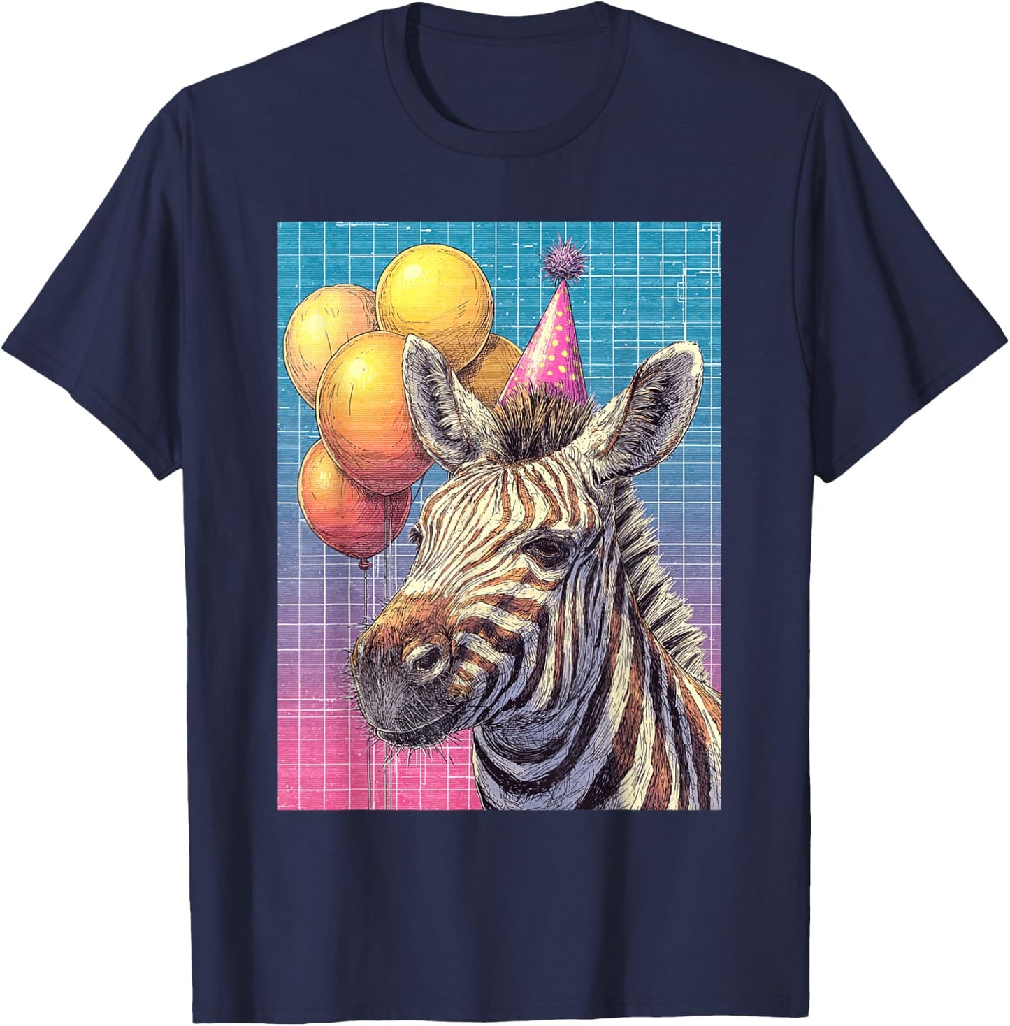 Zebra Synthwave Print Birthday Party Balloons & Party Hat T-Shirt - T-Shirt | Navy