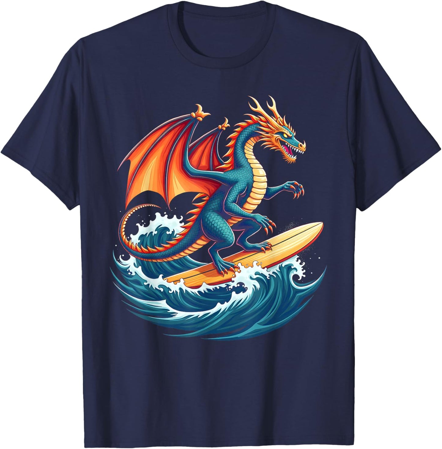 Fire Waves Dragon Surfer Mythical Surfing Beach Surfboarder T-Shirt - T-Shirt | Navy