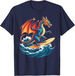 Fire Waves Dragon Surfer Mythical Surfing Beach Surfboarder T-Shirt - T-Shirt | Navy