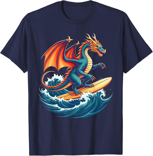 Fire Waves Dragon Surfer Mythical Surfing Beach Surfboarder T-Shirt - T-Shirt | Navy