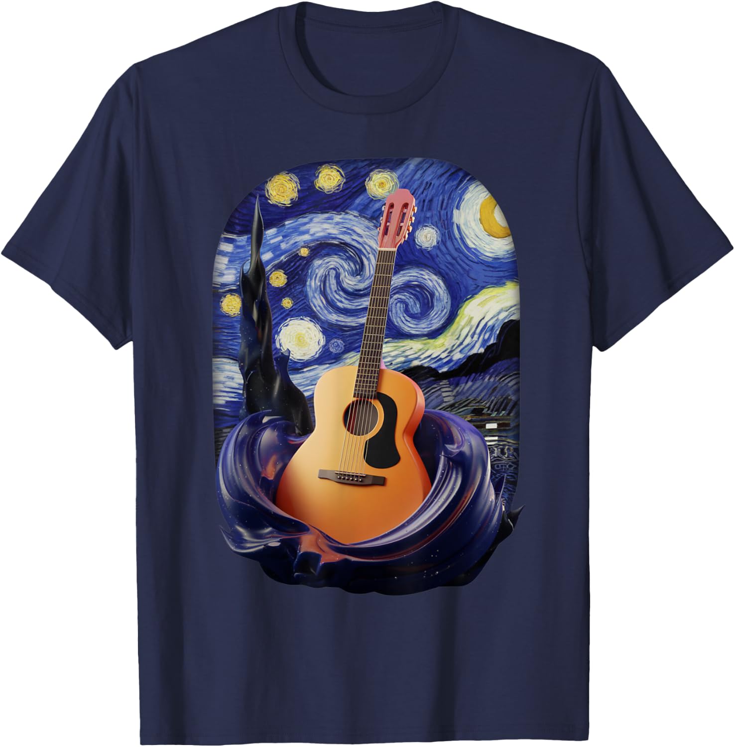 Starry Night Inspired Acoustic Guitar Art T-Shirt - T-Shirt | Navy